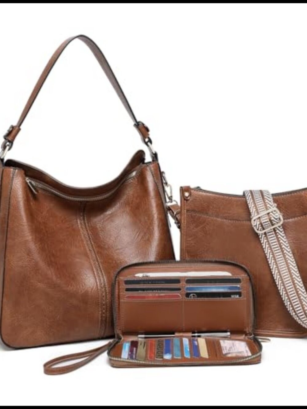 3Pc Hobo Crossbody Bag Set Vegan Leather Wallet Shoulder Purse